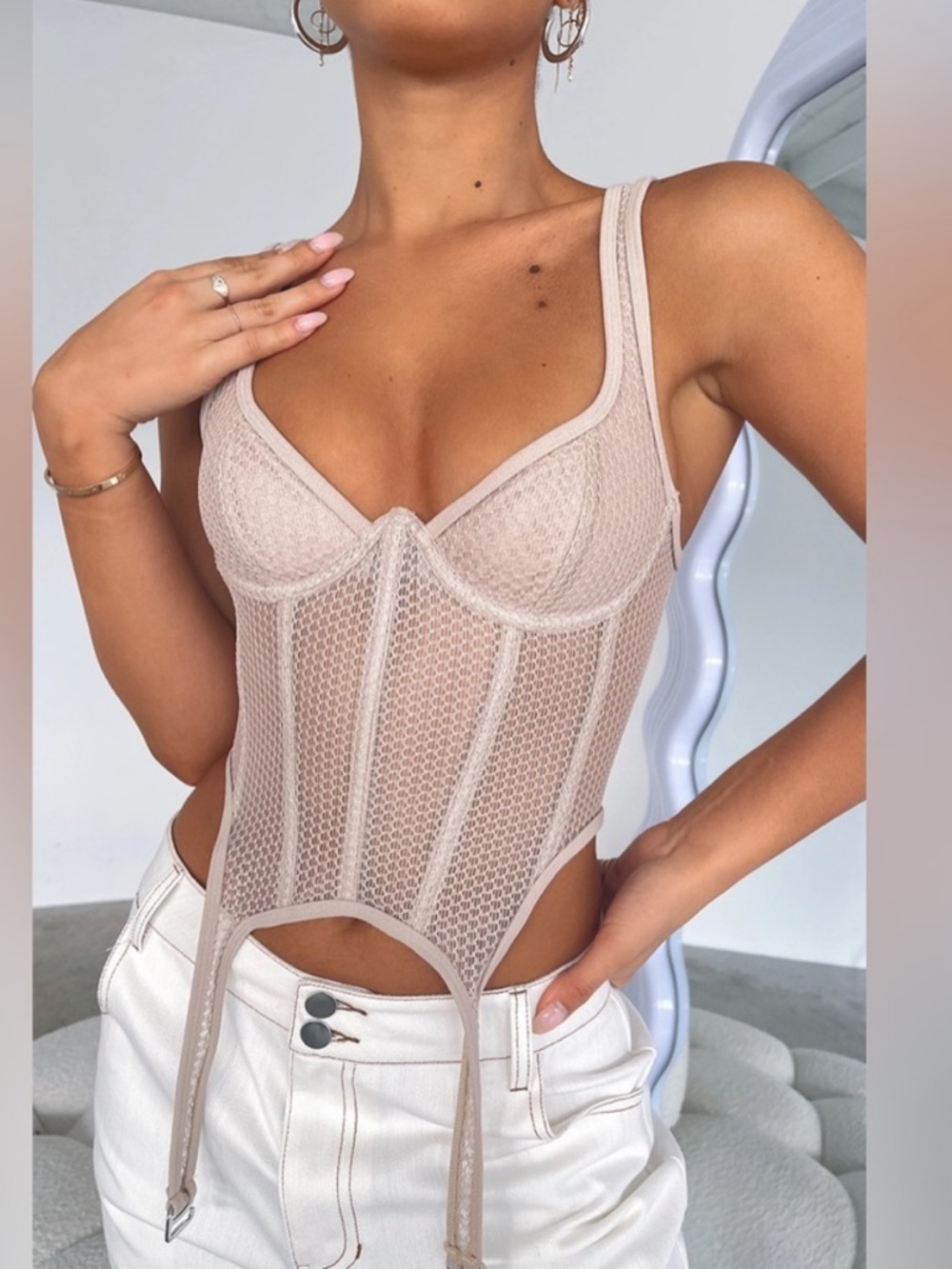 White Fox Boutique Taupe Mesh Bustier Top Enlighten Me top sz s